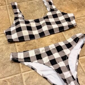 Cabana del Sol Womens Gingham Bikini Set Black White Buffalo Plaid Small 10104